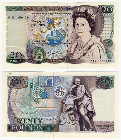First pictorial note featuring William Shakespeare, issued in 1970
